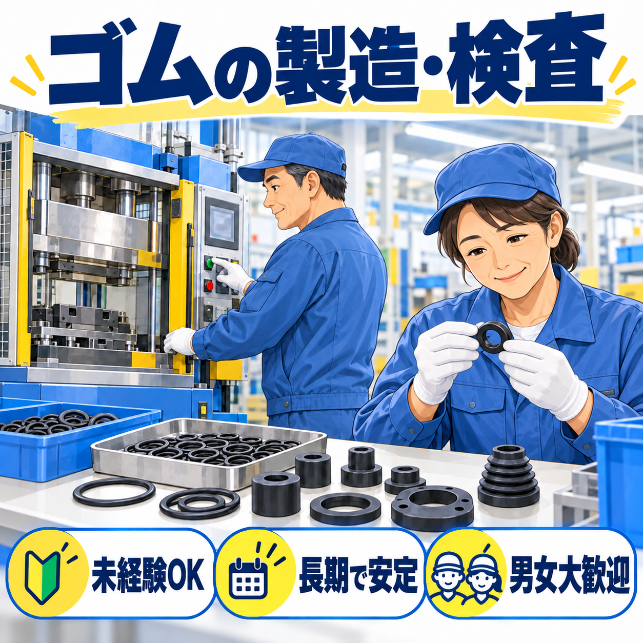 【田原本町】長期安定【ゴム製品の製造・検査】土日祝休み!20~50歳代の男女が活躍中!未経験者OK!空調完備で快適職場!車・バイク通勤OK(14015 製造)