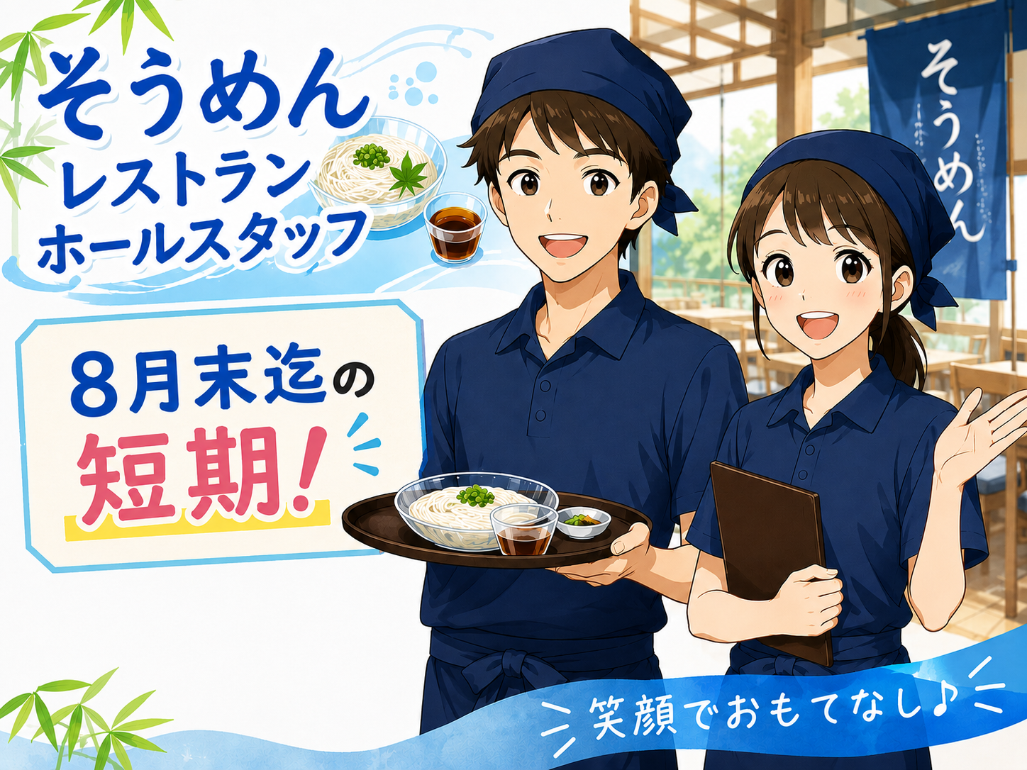 【桜井市箸中】★8月末迄短期★【有名そうめんレストランホールスタッフ】時間帯選べます★未経験者OK！20～50歳代男女活躍中(^^)(１６０１１　ホール)