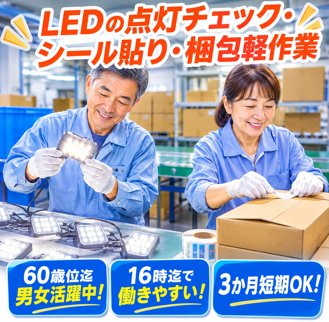 【天理市】3ヵ月短期＆長期もOK【LEDの点灯チェック・シール貼り・梱包軽作業】簡単作業★！16時迄★土日祝休み★ネイルOK♪60歳位迄の幅広い年代の男女活躍中！(４４１８)