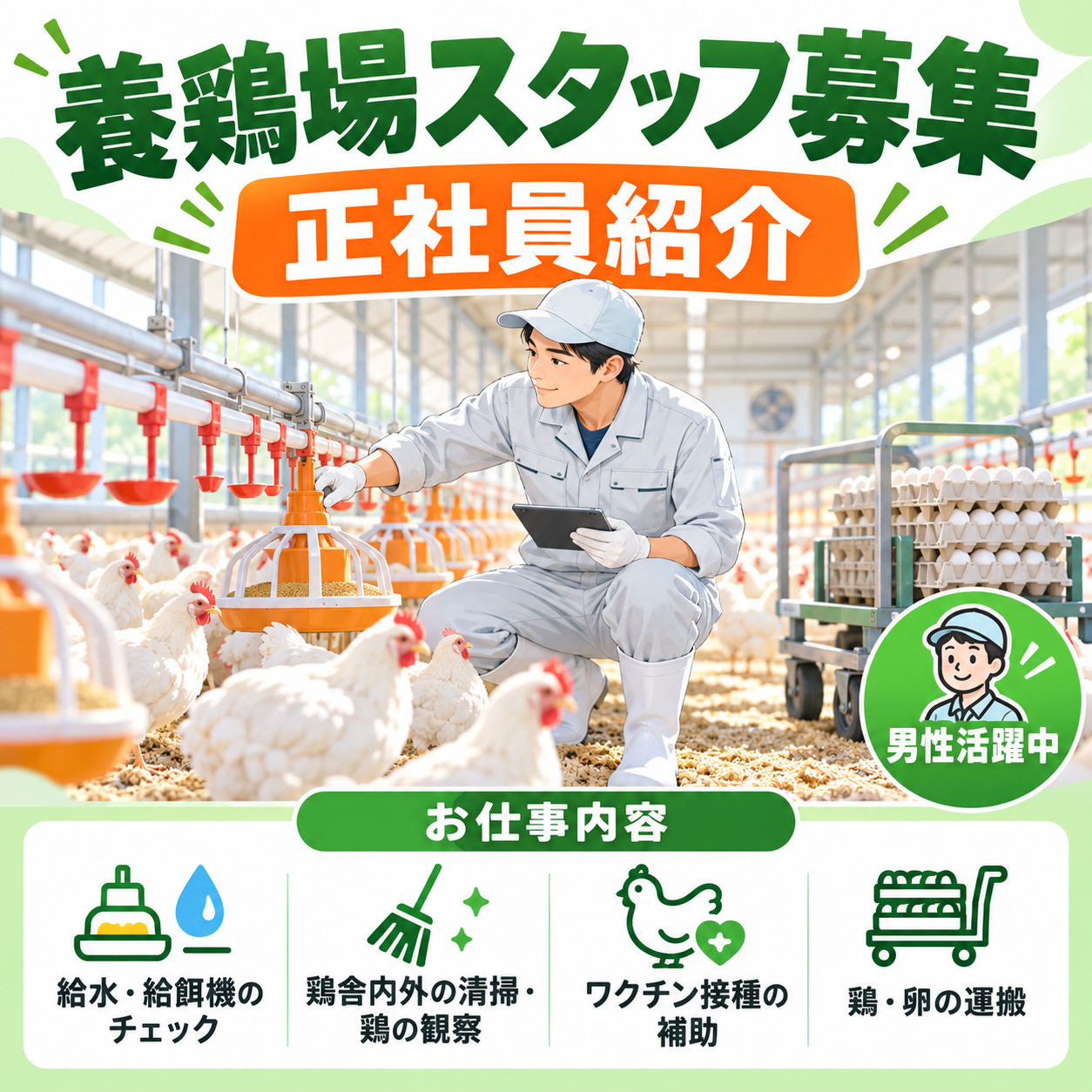 (正社員・紹介)奈良市【ぴよたま★養鶏場の鶏舎内軽作業】◎命のスタートから食卓までを支える仕事!◎正社員紹介★ 20~50歳代男性活躍中(1102 社員)