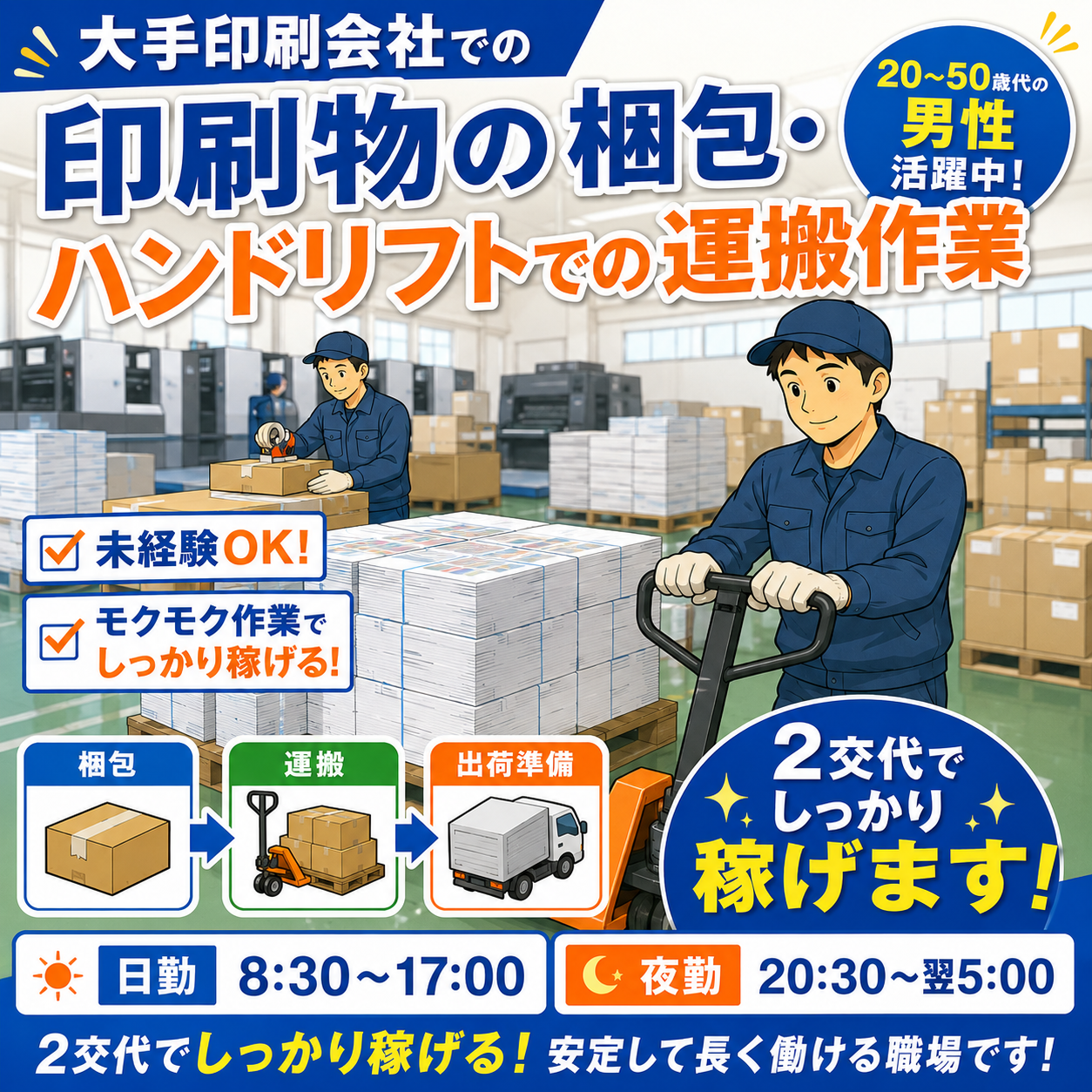 【生駒市】オススメ案件【大手印刷会社での印刷物の梱包・運搬の軽作業】ガッツリ稼げる★２交替制勤務！幅広い年代の男性が活躍中（20～50歳代）車通勤OK！嬉しい無料駐車場あり♪（３００４　梱包）