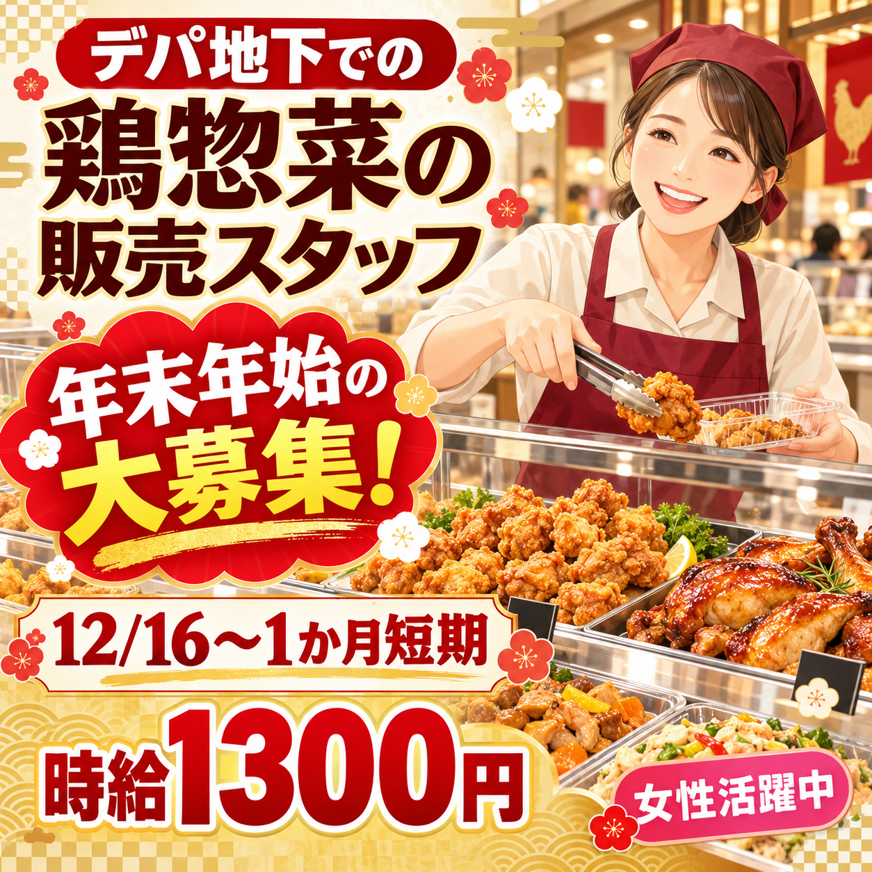 【奈良・生駒・橿原の3店舗同時度集】年末年始1か月短期大募集★【デパ地下での鶏総菜販売STAFF】週4日~勤務OK★時給1300円!!幅広い年代の女性活躍中!!(^^)!自転車・バイク通勤OK(16017)