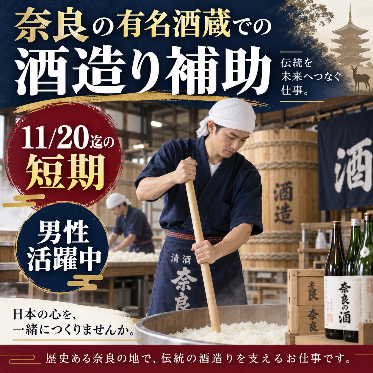 奈良市【有名日本酒メーカーでの酒造り補助軽作業】11/20迄短期大募集！資格・経験一切不問♪20～50歳代男性活躍中(^^)/時給1300円♪土日祝休み！履歴書不要（１０１６短期）