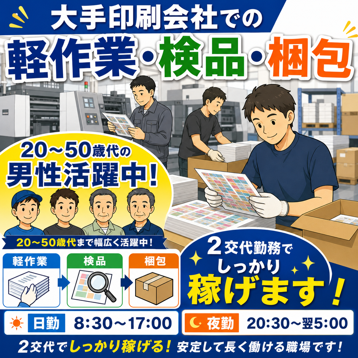【生駒市】オススメ案件【大手印刷会社での印刷物の軽作業(バリ取り・検品・梱包など)】ガッツリ稼げる★2交替制勤務!幅広い年代の男性が活躍中(20~50歳代)車通勤OK!嬉しい無料駐車場あり♪(3004 作業)