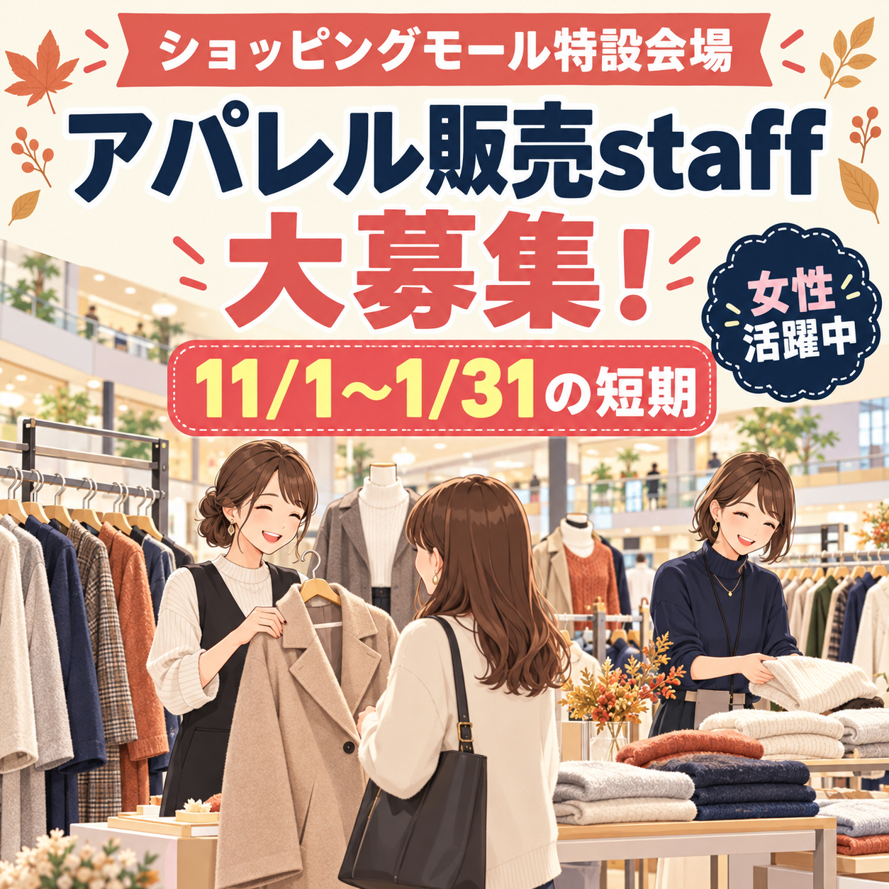 奈良市（奈良ファミリー内）【1月末迄短期★催事会場での冬服販売STAFF】50歳位迄の幅広い年代の女性活躍中!!11/1～1/31まで短期募集～♪時給1300円♪ネイルOK(１０８３)