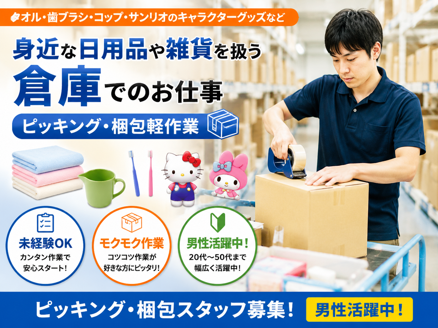 葛城市★ナラーズ新規案件【日用雑貨などの倉庫内ピッキング・梱包軽作業】朝はゆっくりスタート！時給1230円！1日約1万円GET★キレイな休憩室完備♪20～40歳代の男性活躍中★働きやすい職場で環境◎敷地内駐車場完備！(８０２２)