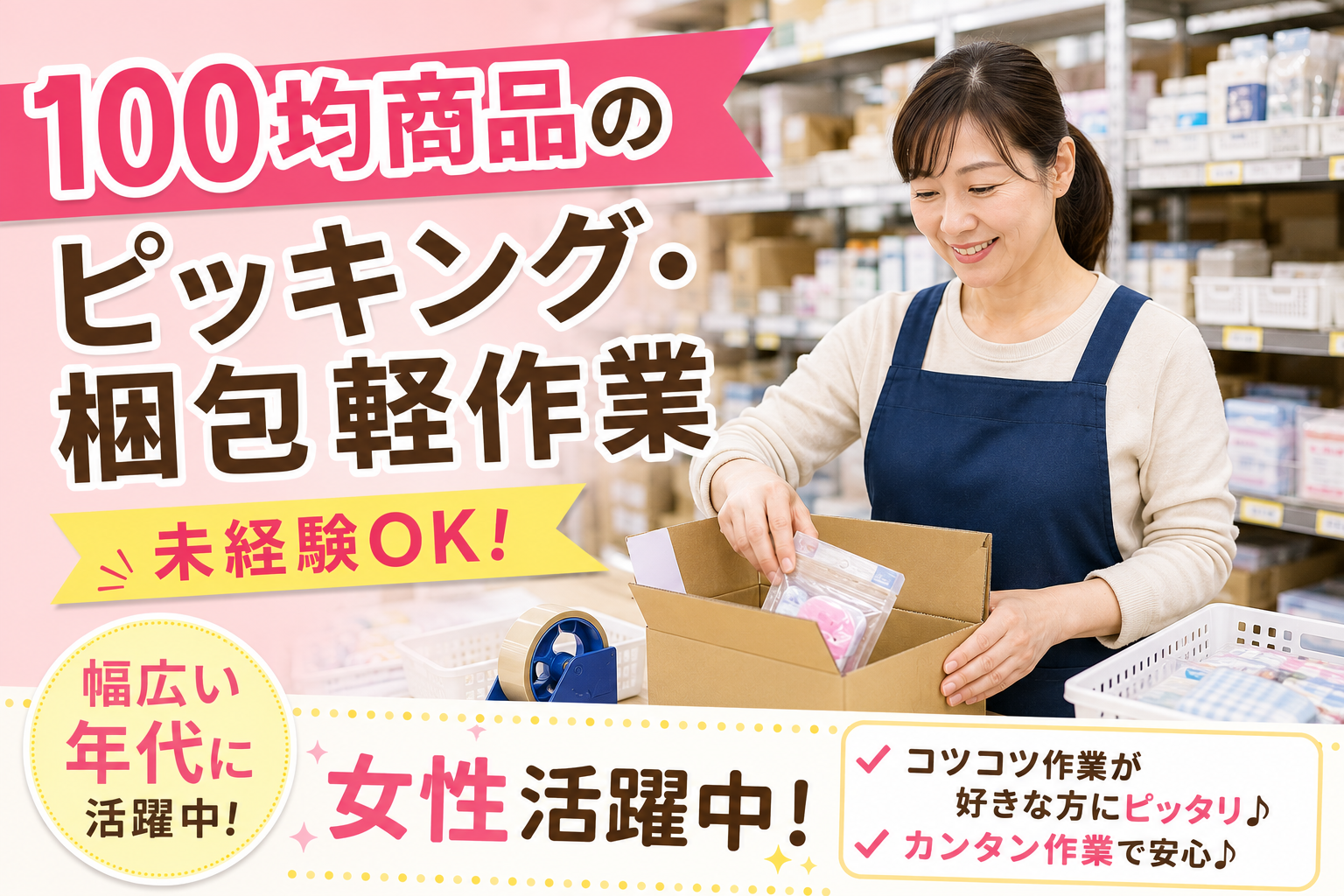 【五條市☆テクノパーク】女性に大人気【100均商品のピッキング・梱包・軽作業】土日祝休み★ネイルOK♪20~50歳代の女性多数活躍中♪職場環境◎(9006 ピッキング)