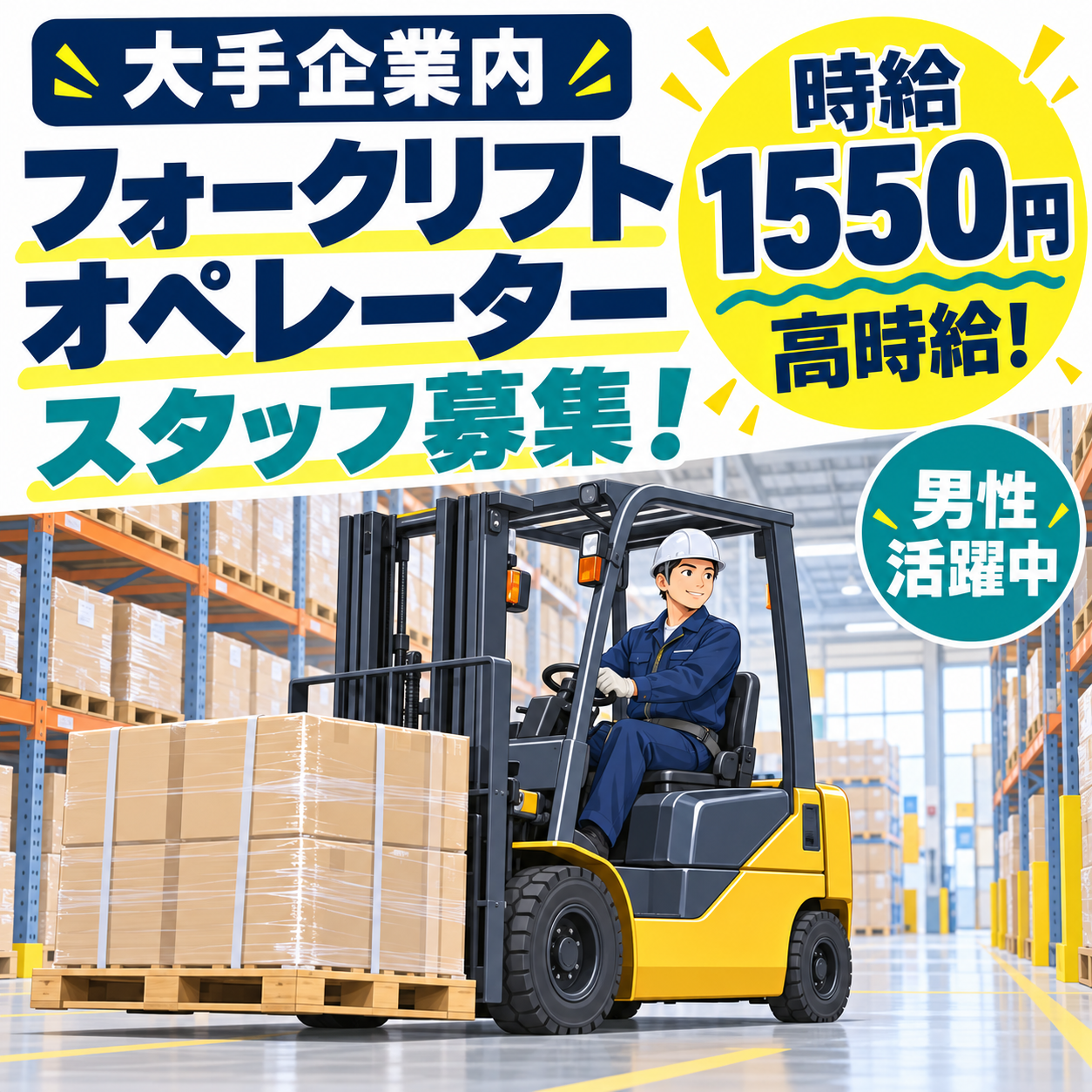 ≪安堵町≫高時給1550円【大手物流倉庫での入出荷リフト作業、ピッキング作業】20〜40歳代の男性活躍中！長期安定♪働きやすい職場◎履歴書不要(５５０６　リフト)