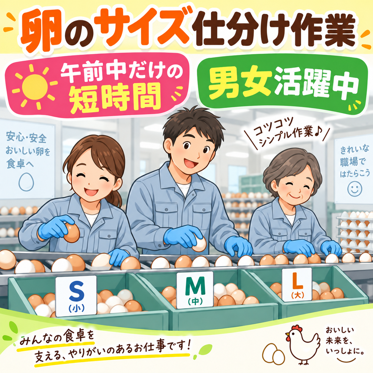奈良市【ぴよたま★卵のサイズ仕分け軽作業】午前中のみの短時間勤務！ 簡単軽作業で未経験OK◎なんと時給1400円★ 20～50歳代男女活躍中(１１０２)