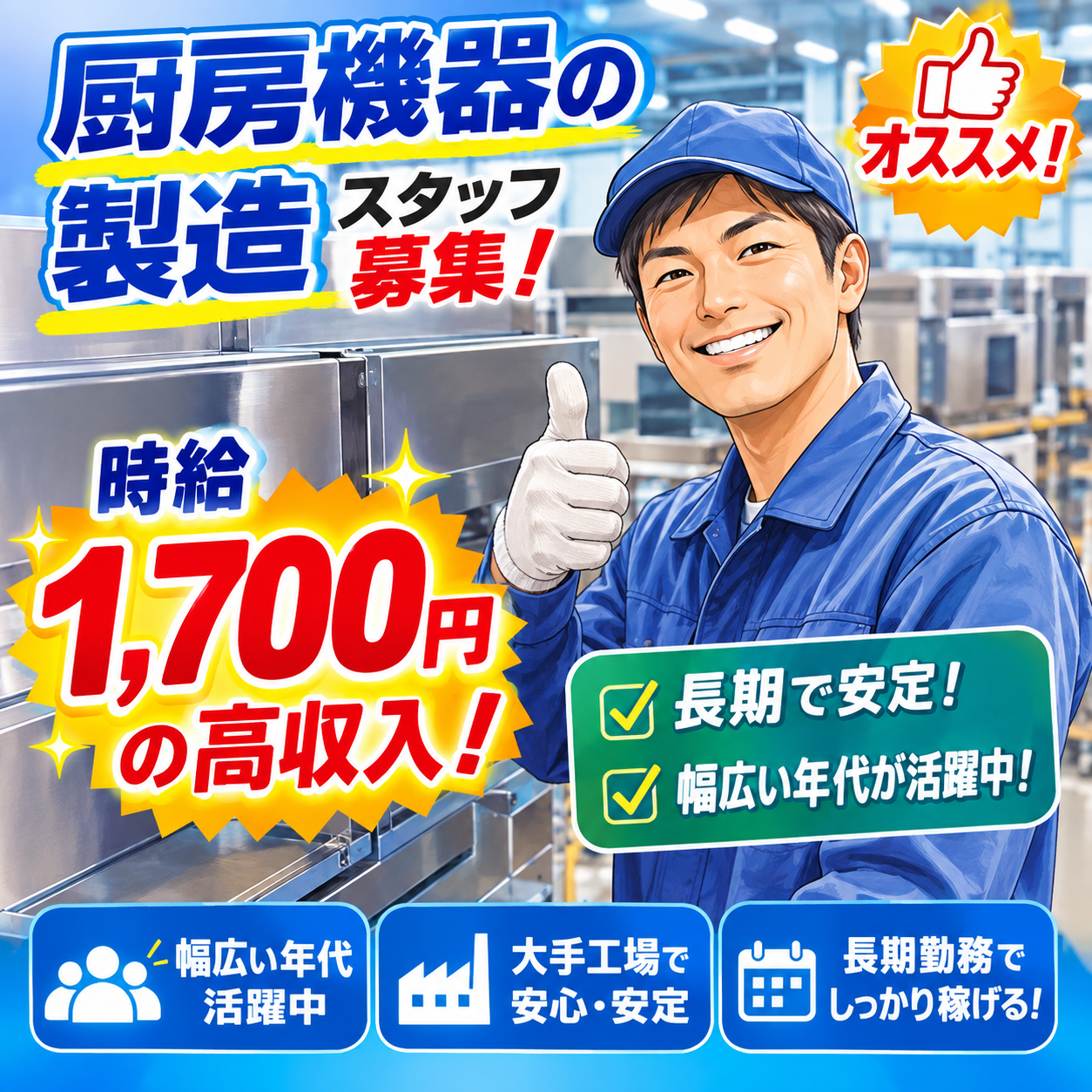 【大和郡山市】時給1700円【厨房機器の製造・組立て】長期！高収入！20～50歳代男性が活躍中！未経験者大歓迎！正社員登用実績あり（２２４０　製造）