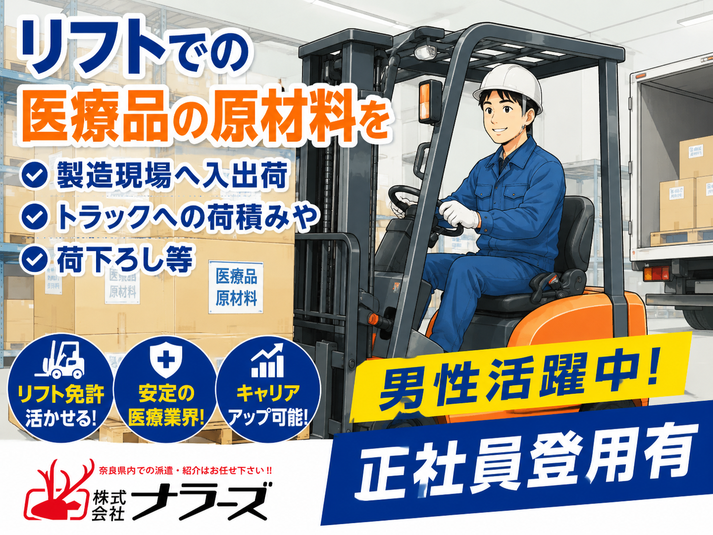 ＜五條市＞★新規案件★【フォークリフト荷受け、出荷作業】空調服貸与♪職場環境◎時給1350円★正社員登用あり★リフト経験者大募集♪（９０２１　長期リフト）