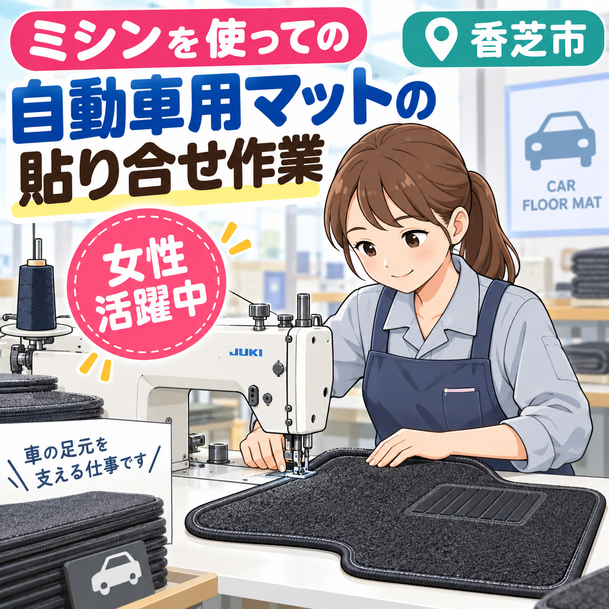 香芝市【自動車用フロアマットの貼り合せ】座り作業♪時給1250円★ミシン経験者♪あなたのスキルを活かせる職場♪20～50歳代の女性活躍中！（６０１３　ミシン）