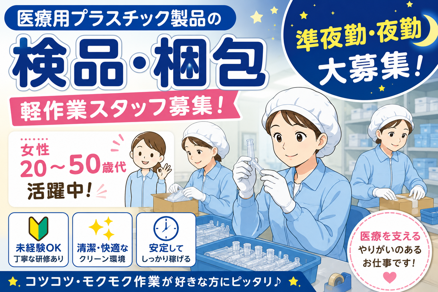 【葛城市】準夜勤・夜勤選べます♪長期安定【医療用プラスチック製品の検品・梱包軽作業】時給1190~1487円!20〜50代女性活躍中★未経験・ブランクOK!土日休み♪日払い・週払いOK!(8020)
