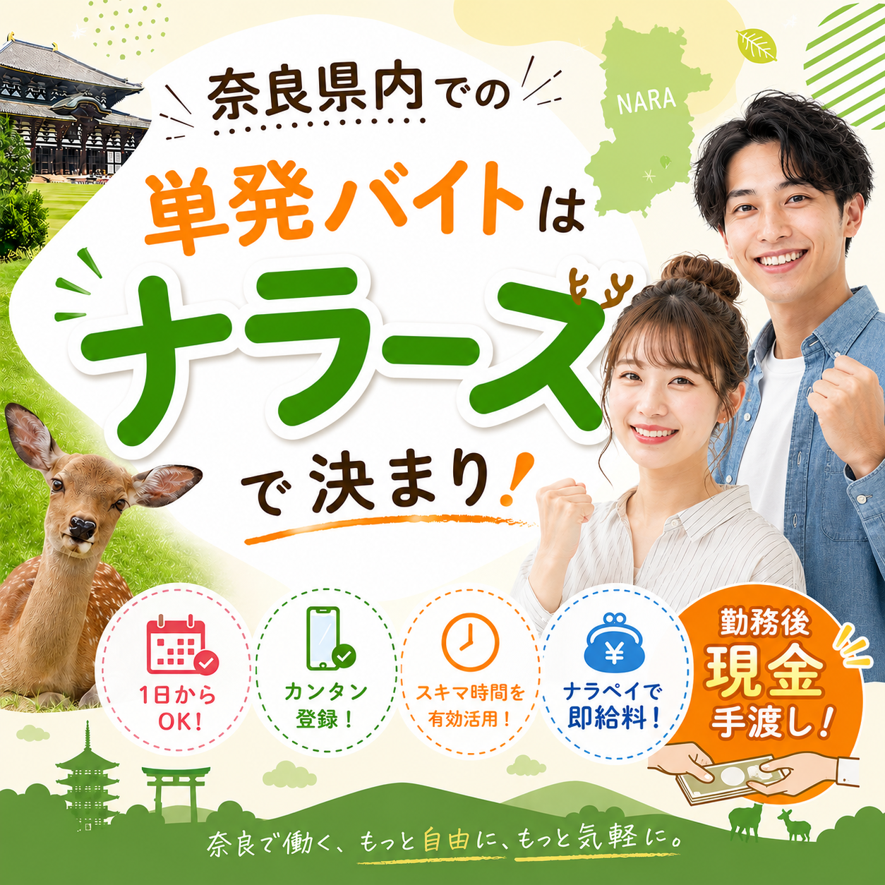 【奈良公園周辺の観光レストラン等でホール・配膳】週1～2日OK！あなたのペースで働けますシフト制！学生・フリーター・主婦(夫)活躍中★観光名所で働くチャンス!【紹介】(nara１８)
